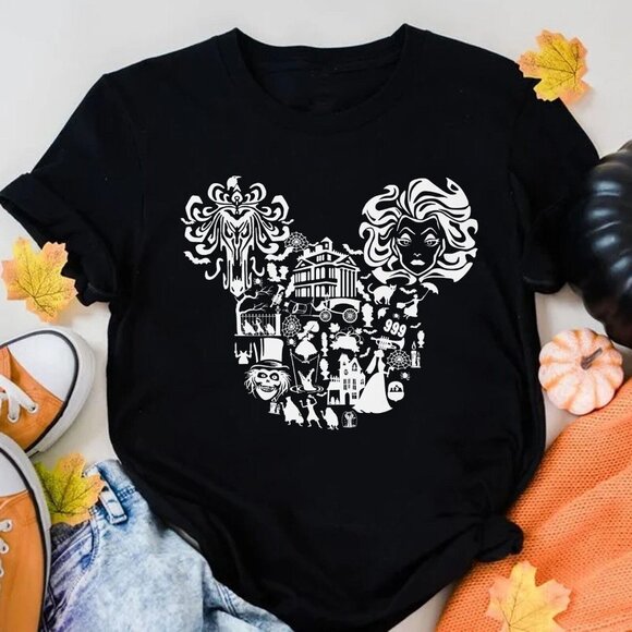 Linda T Tops - Mickey Head Foolish Mortal Haunted Mansion Halloween T-Shirt, Graphic Unisex 92